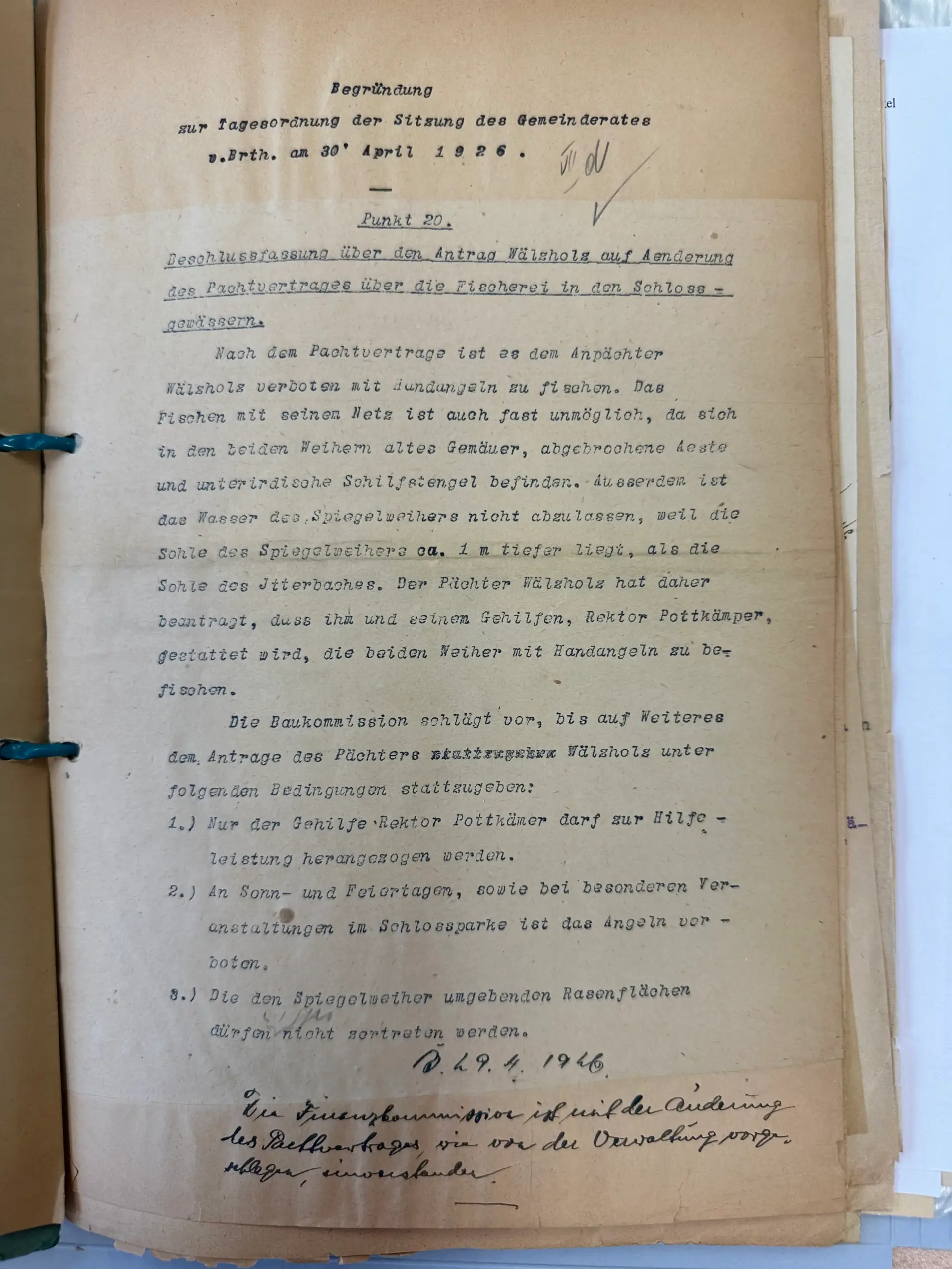 Handangeln Pachtvertrag 1926